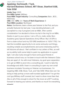 MBA candidate from the military and special operations. GRE is 333.